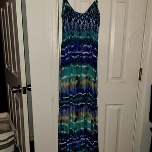 Aqua maxi dress.  Blues, greens, and white.